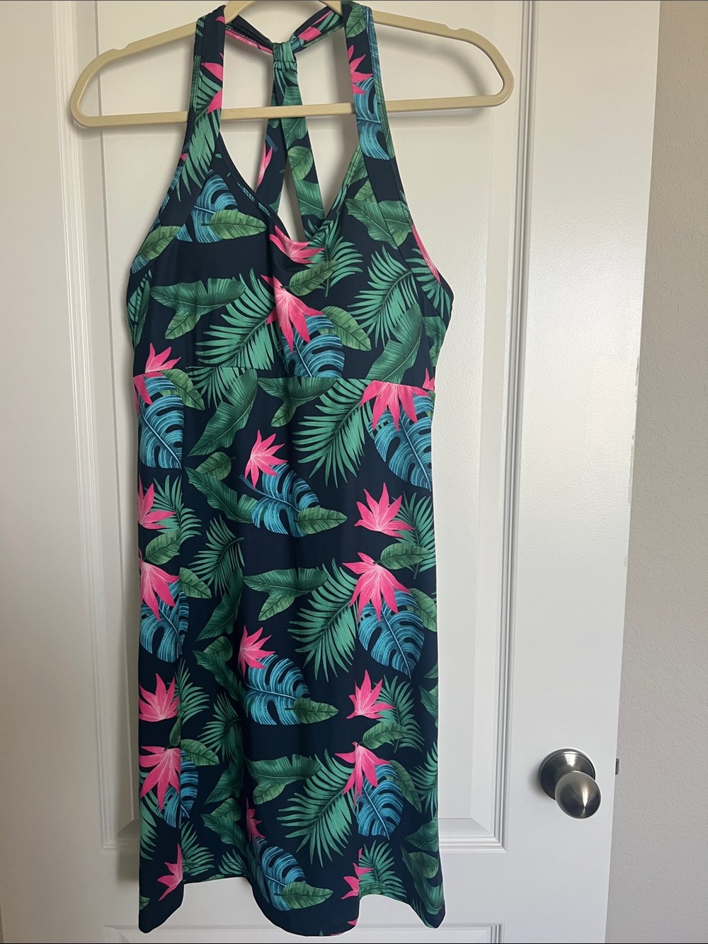 Kyodan Navy Floral Dress with Pink & Green Tropical Leaves